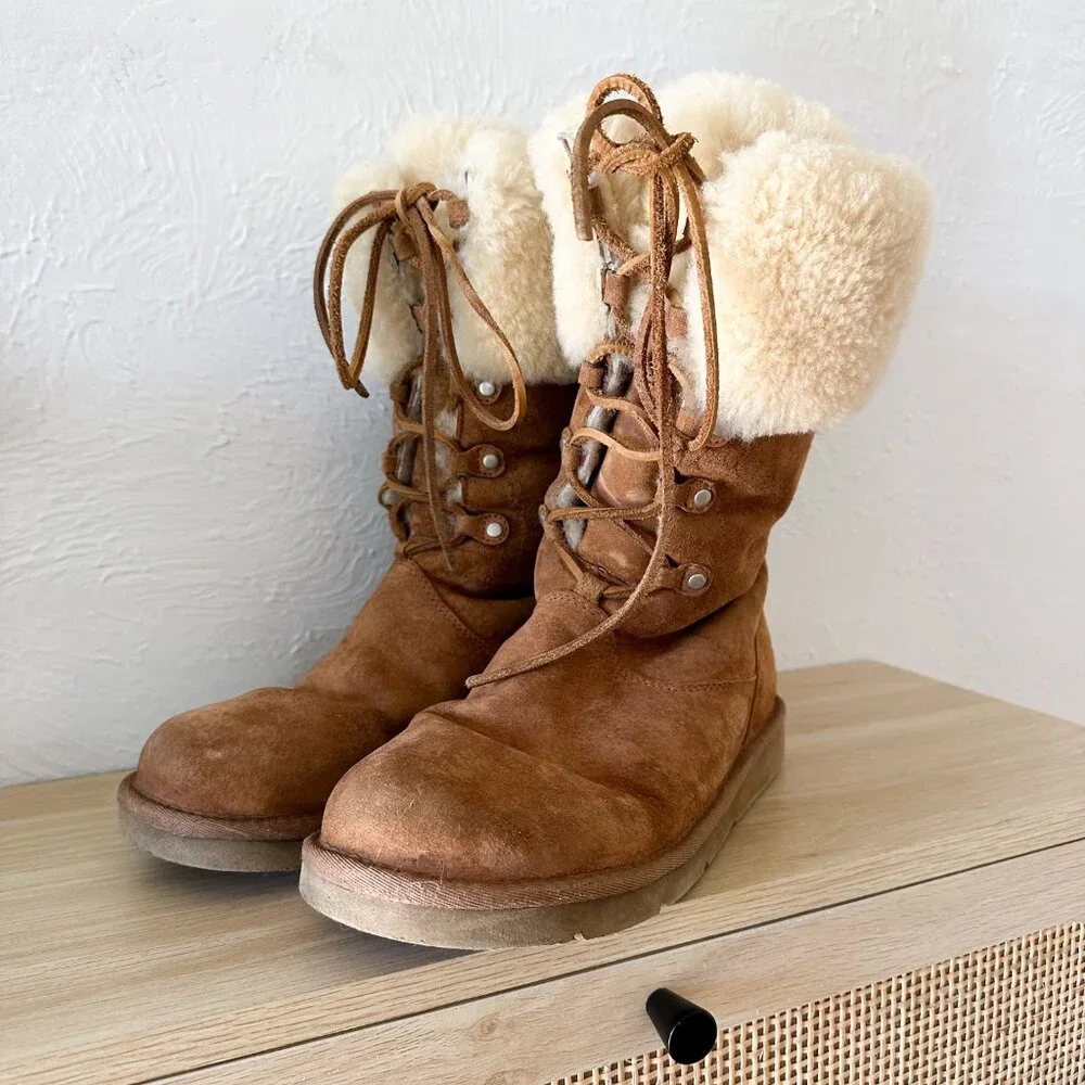 UGG | Australia Montclair Cuffed Suede Sheepskin Lace-Up Boots‎ in Chestnut